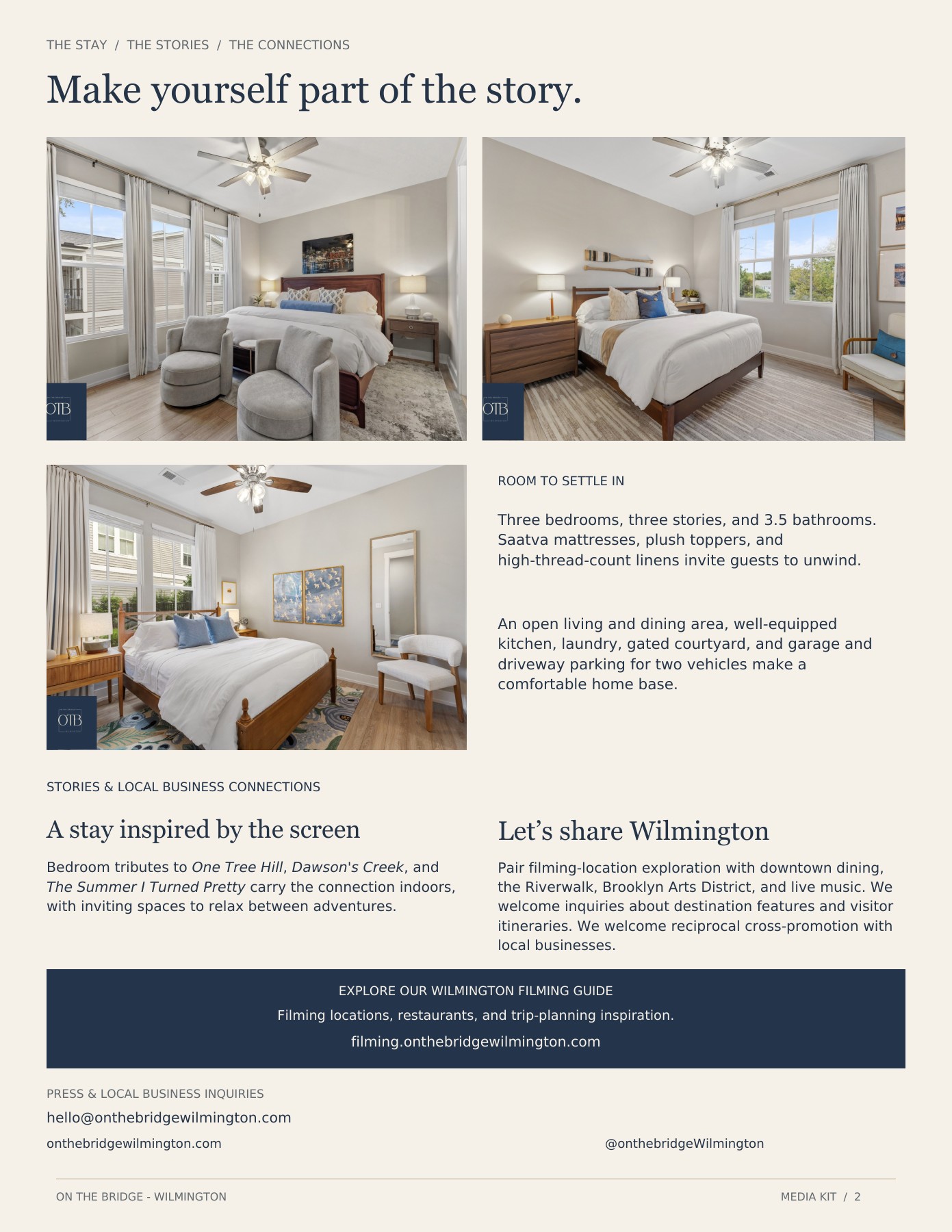 Media kit page two: bedrooms, amenities, filming guide and contact details
